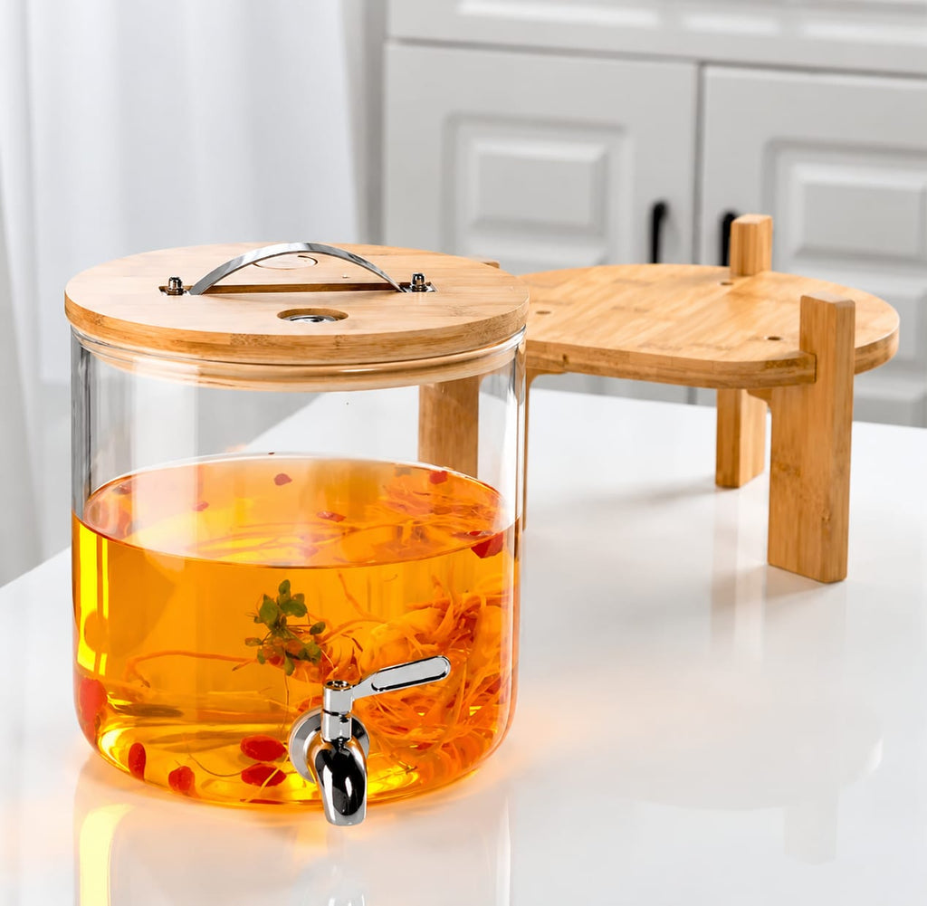 Premium Glass Beverage Dispenser with Bamboo Wooden Stand & Stainless Steel Tap | Juice & Water Drink Dispenser for Home, Kitchen & Parties