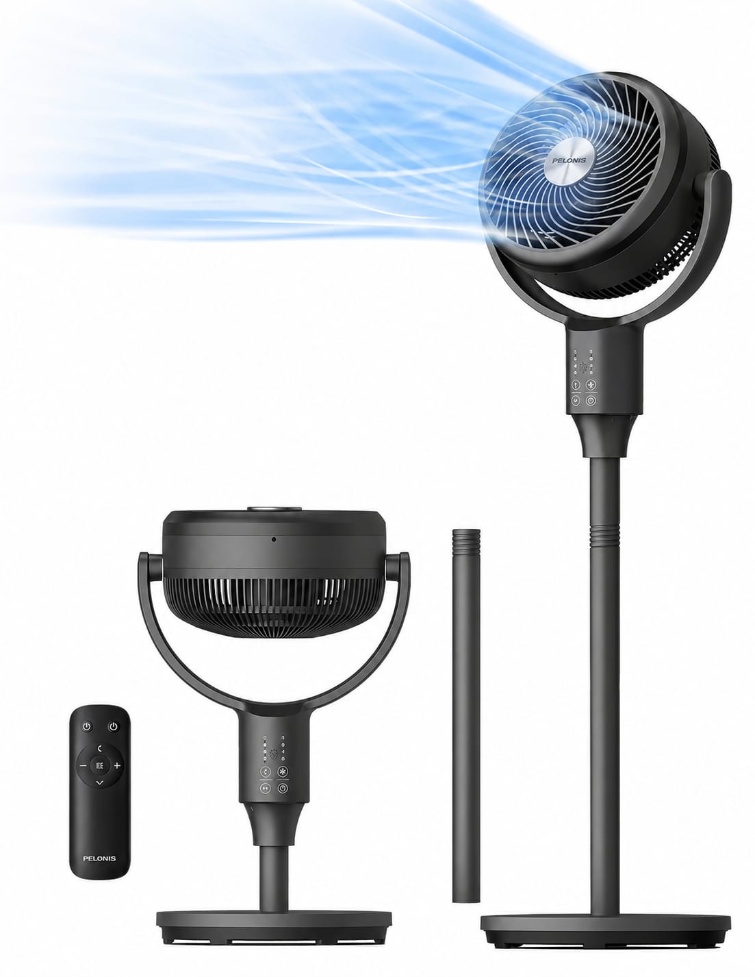 F1 Air Circulation Fan – 3-in-1 Portable Desk & Floor Standing Fan with Remote Control, 5 Wind Speeds, 8-Level Timer & 90° Oscillation