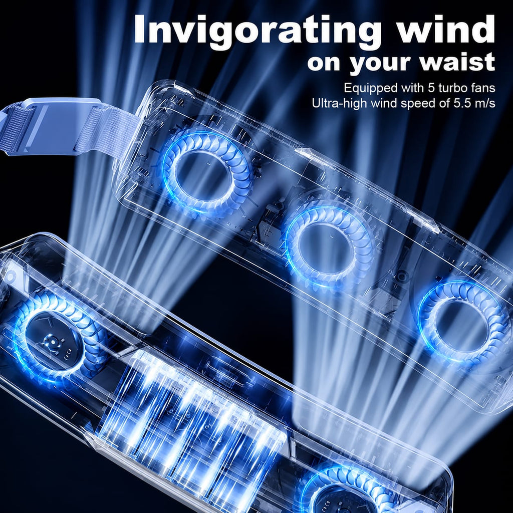 F79 Cooling Belt Fan – Rechargeable Wearable Waist Fan with 5 Turbo Fans, Portable Personal Cooling Fan for Outdoor Work, Running & Hiking