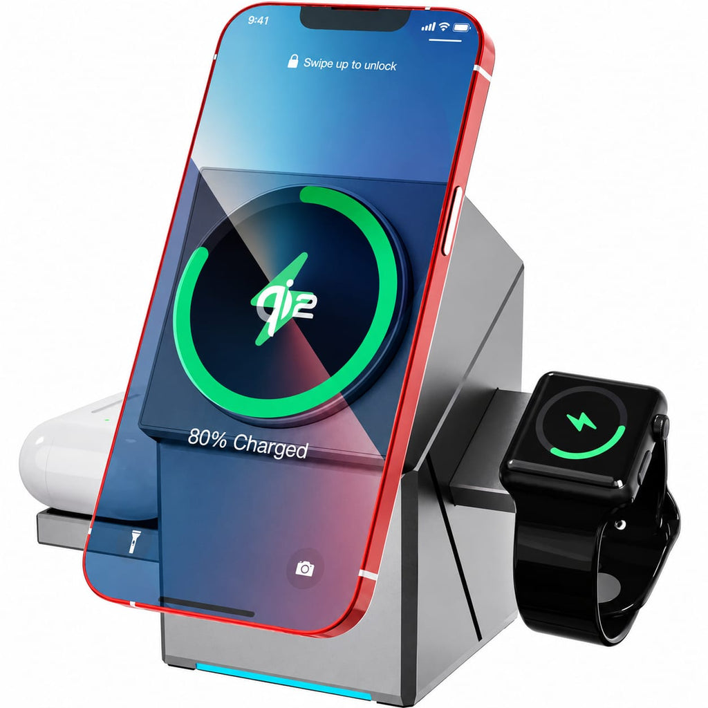 3-in-1 Magnetic Wireless Charger Stand | Foldable 15W Fast Charging Dock for iPhone, Apple Watch & AirPods