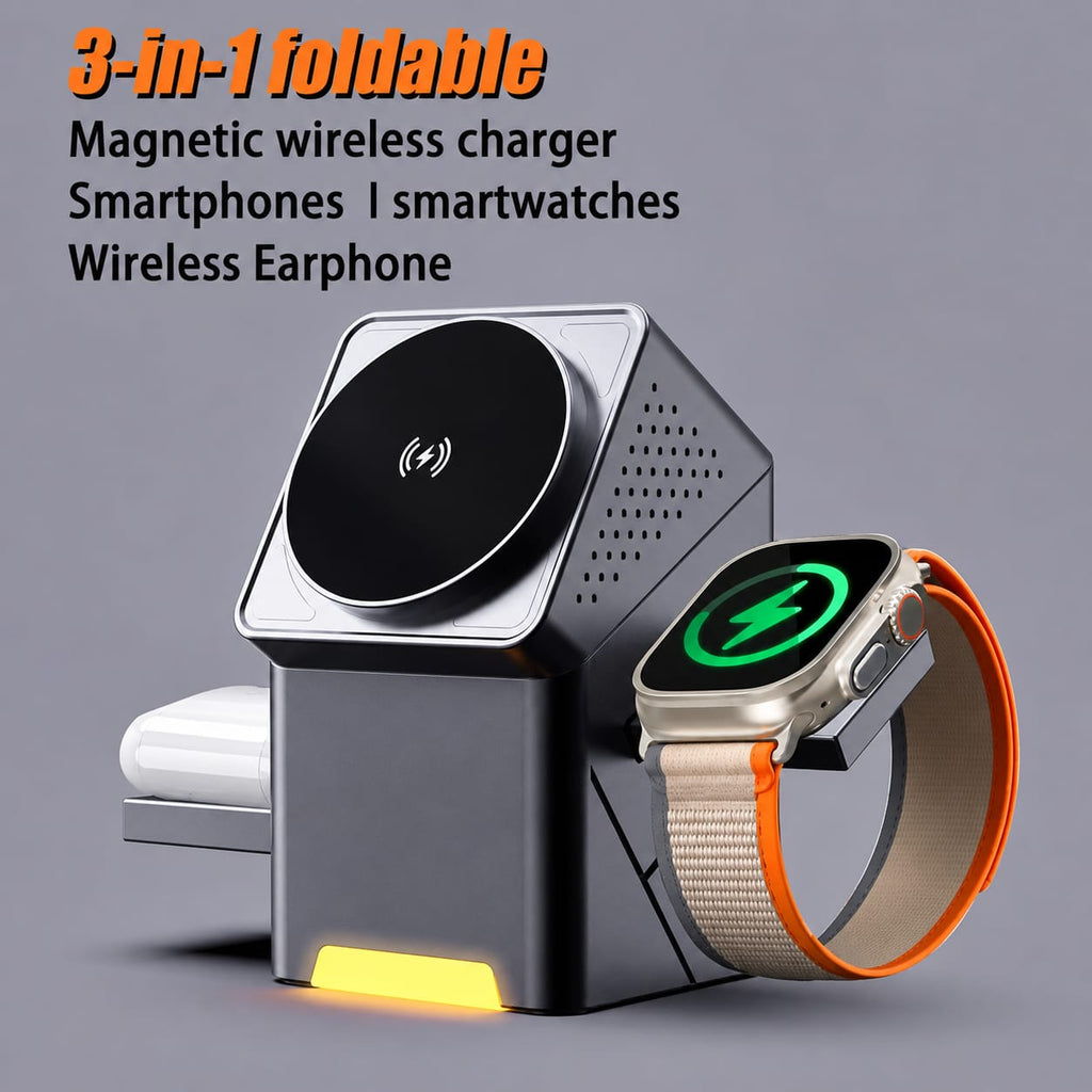 3-in-1 Magnetic Wireless Charger Stand | Foldable 15W Fast Charging Dock for iPhone, Apple Watch & AirPods
