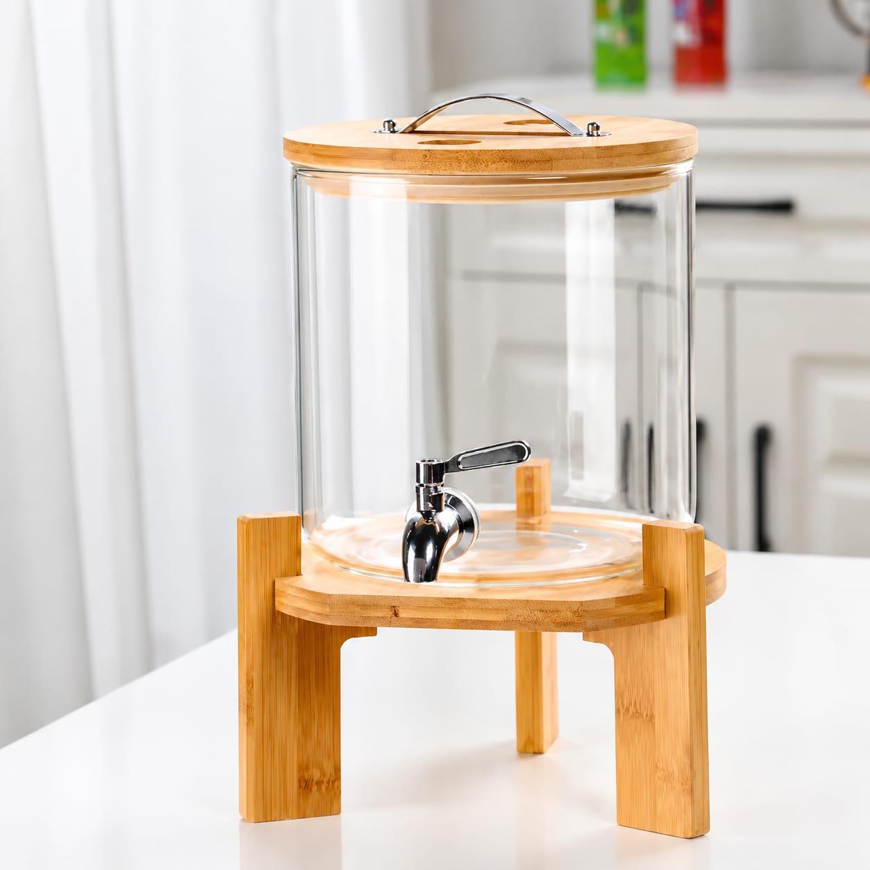 Premium Glass Beverage Dispenser with Bamboo Wooden Stand & Stainless Steel Tap | Juice & Water Drink Dispenser for Home, Kitchen & Parties