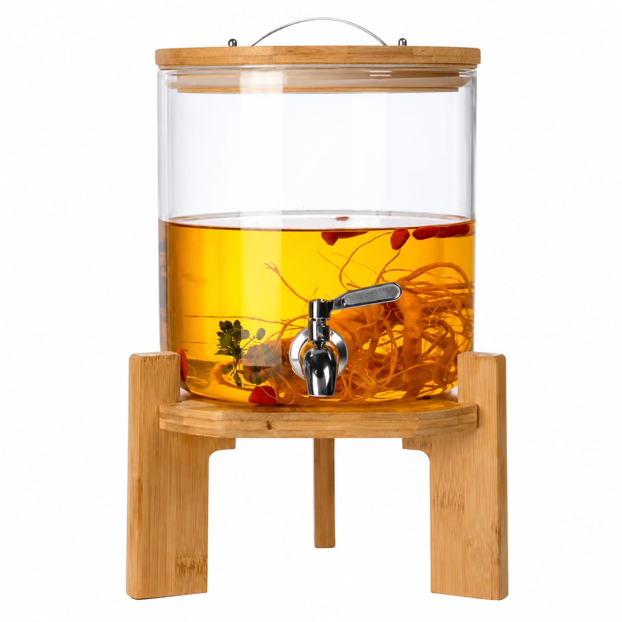 Premium Glass Beverage Dispenser with Bamboo Wooden Stand & Stainless Steel Tap | Juice & Water Drink Dispenser for Home, Kitchen & Parties