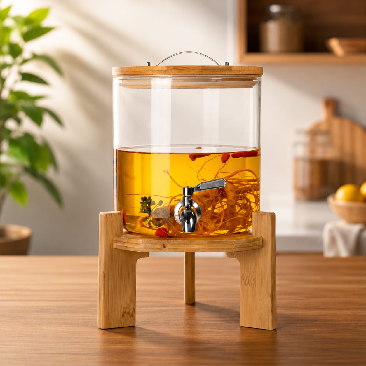 Premium Glass Beverage Dispenser with Bamboo Wooden Stand & Stainless Steel Tap | Juice & Water Drink Dispenser for Home, Kitchen & Parties